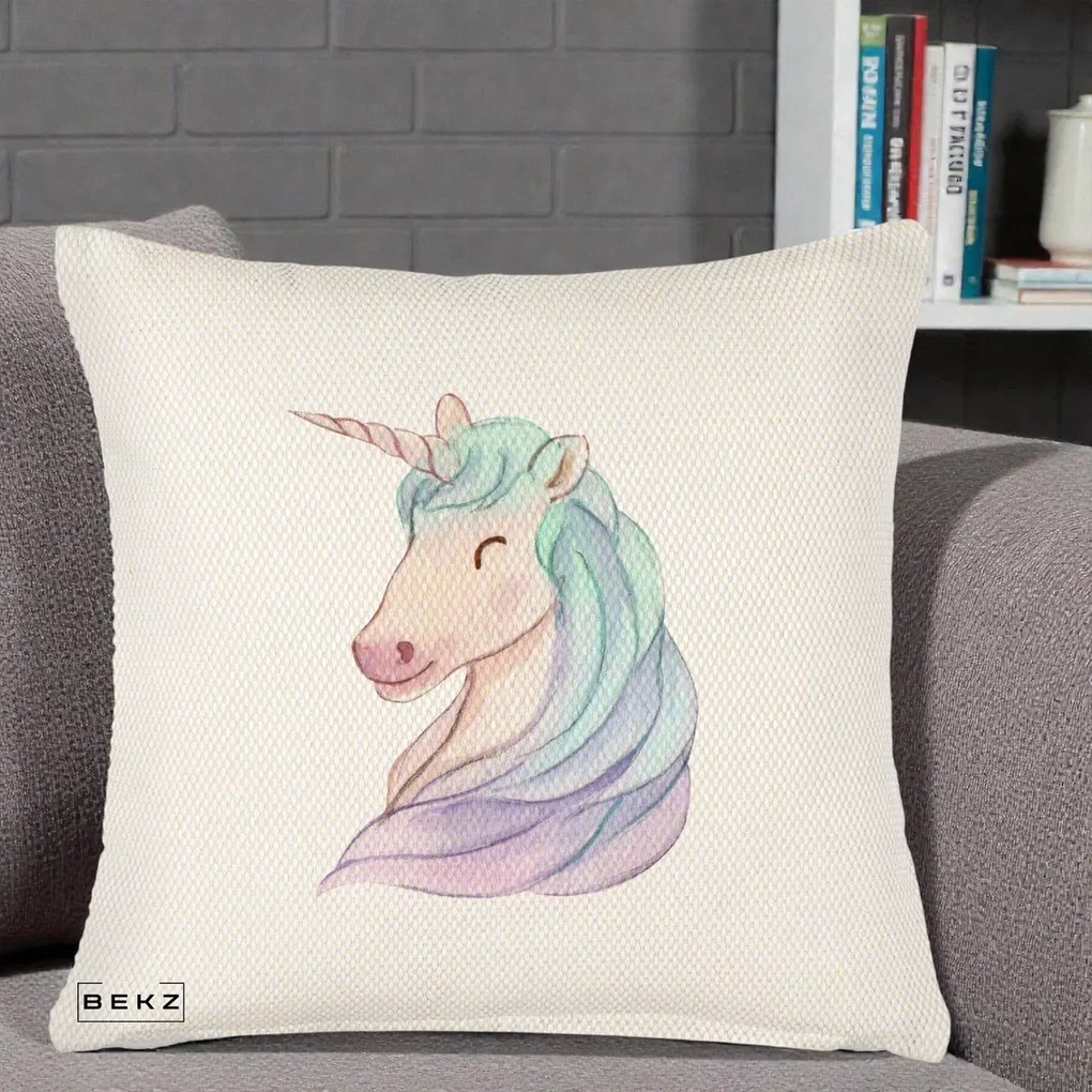 Perna Decorativa Unicorn Acuarela Pastel, 40x40 cm, Crem Reliefat, Husa Detasabila, Perna Inclusa, BEKZ®