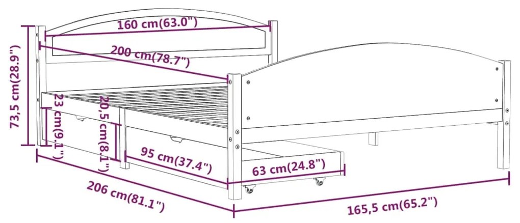 Cadru de pat cu 2 sertare maro miere 160x200 cm lemn masiv pin maro miere, 160 x 200 cm, 2 Sertare