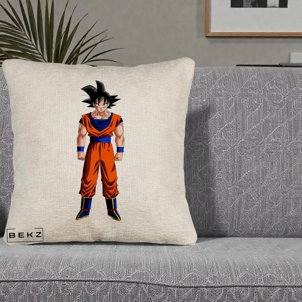 Perna Personalizata Dragon Ball Goku Complet in Gi Portocaliu, 40x40 cm, Bej Canapea, Husa Detasabila, Perna Inclusa, BEKZ®