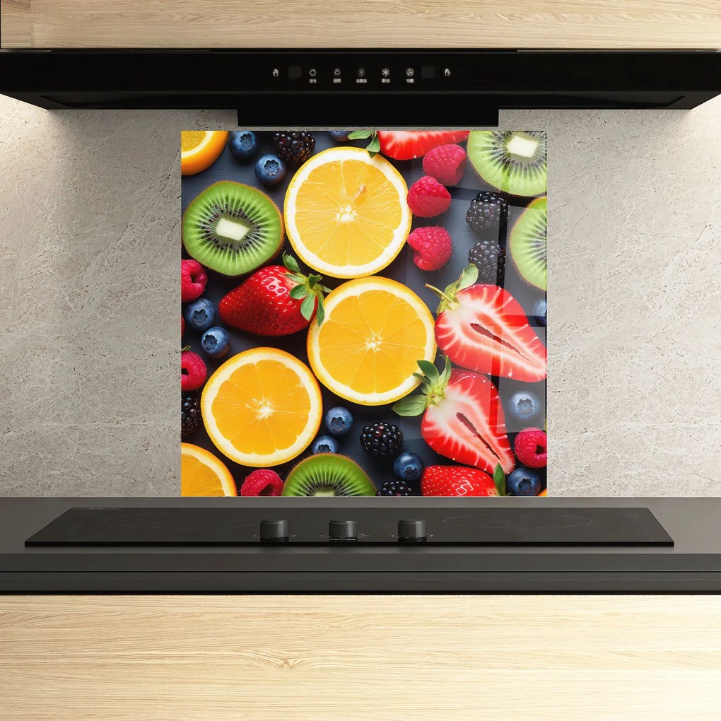 Panou Sticla Bucatarie, 100x100cm, Protectie aragaz, Antistropi, Termorezistent, Alimente, Fructe, Orange Fruit Mix