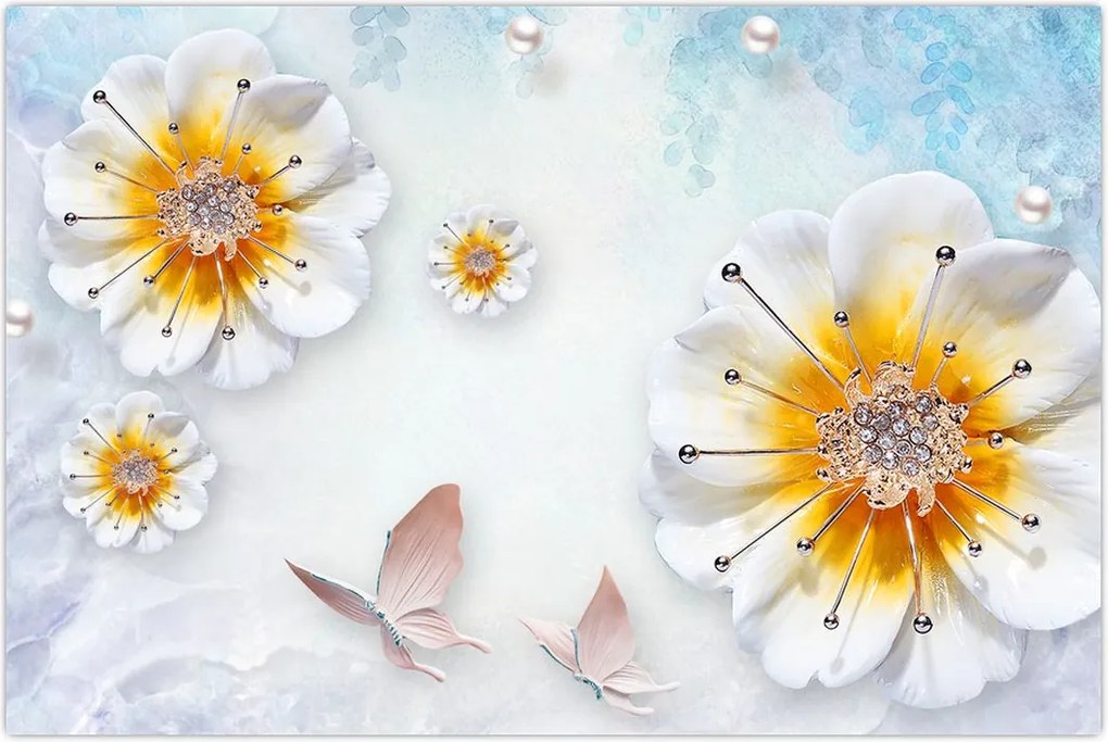 Tablou - Copoziția flori și fluturi (90x60 cm)