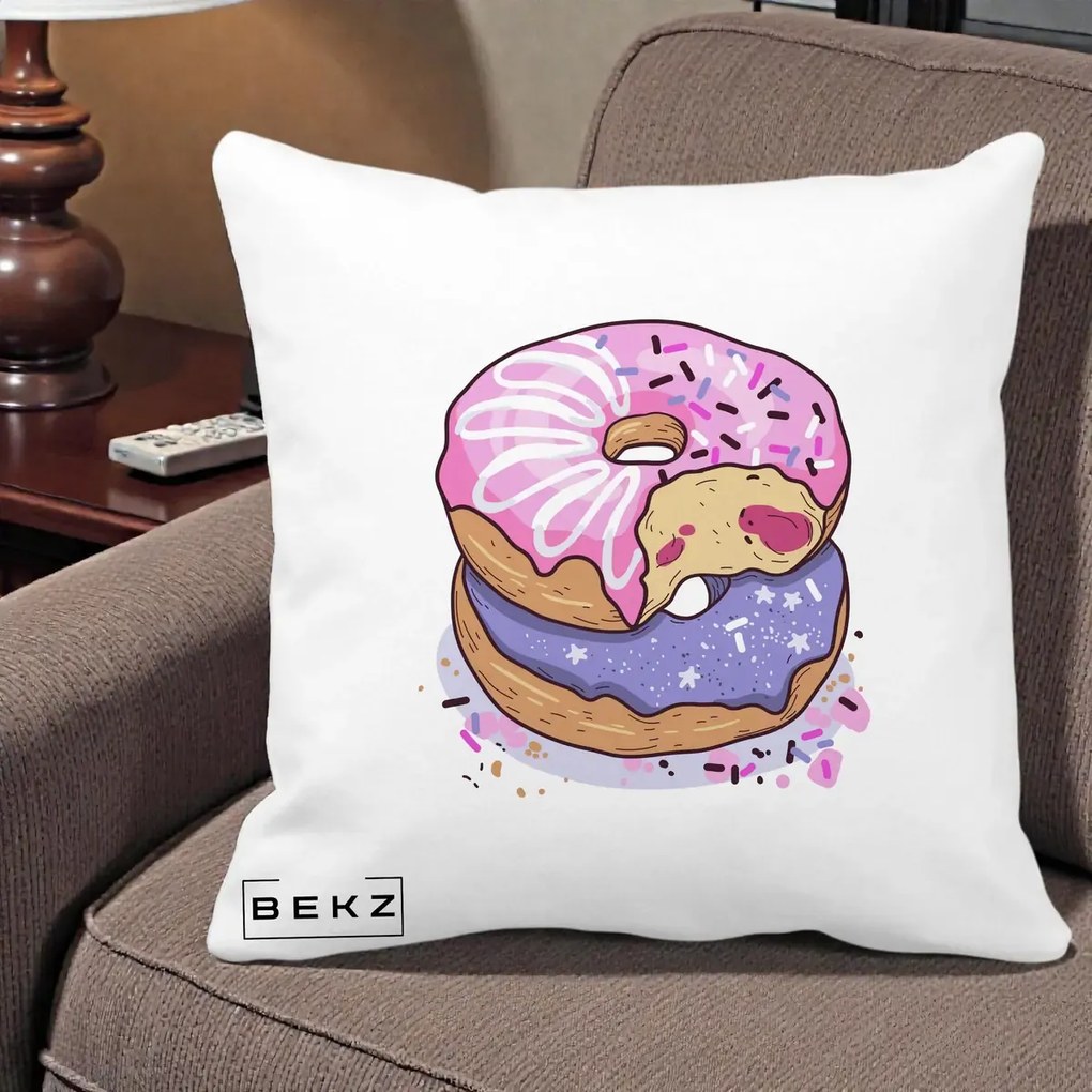 Perna Decorativa Donuts Roz si Mov, 40x40 cm, Alba Mata, Husa Detasabila, Perna Inclusa, BEKZ®
