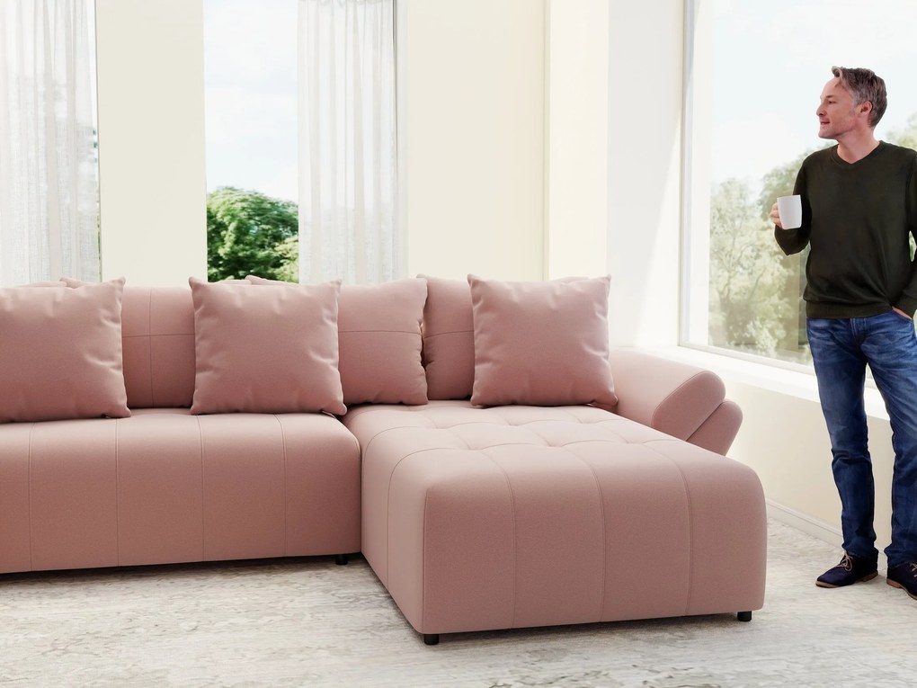 Colțar extensibil dumonde cu ladă de depozitare si sezut confortabil din spuma high-density, Berlin U Royal Roz 380x180 cm