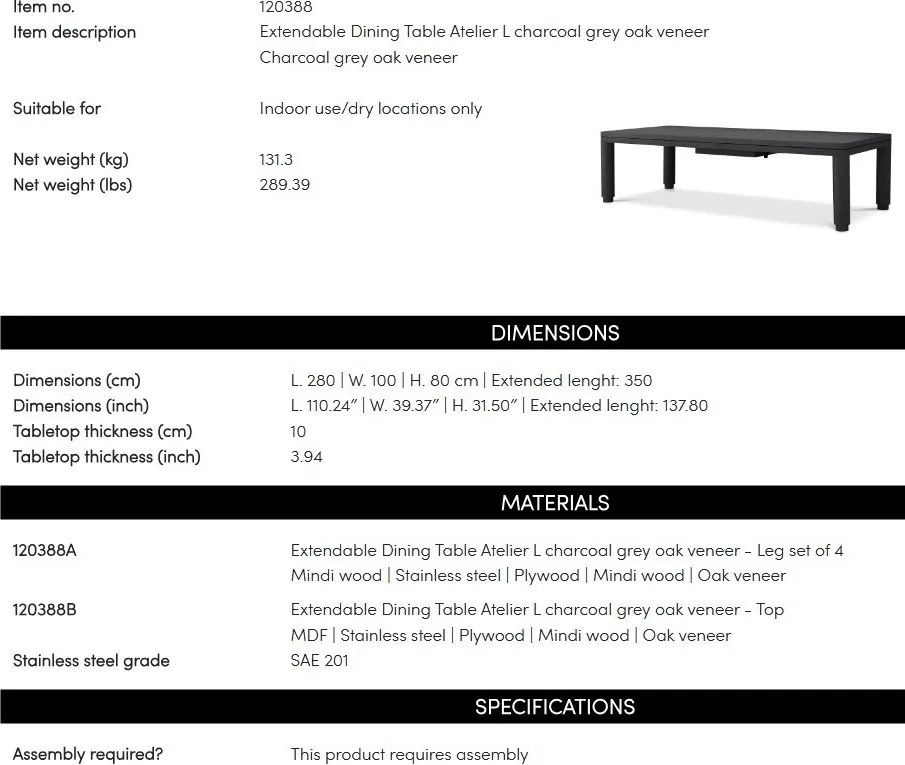 Masa extensibila LUX Gri Carbune Atelier L, 280-350cm