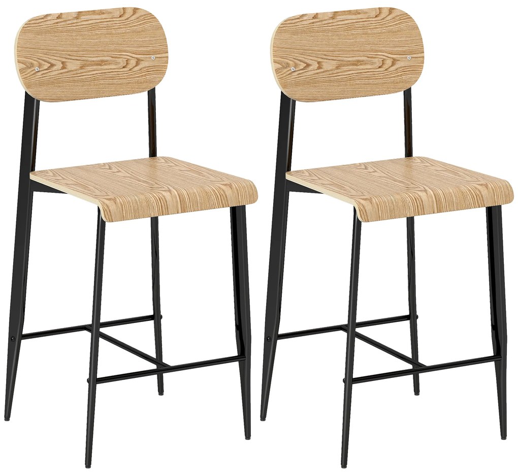 HOMCOM Set de 2 taburete de bar, înalte 65H cm cu spătar, structură din oțel, efect de lemn natural | Aosom Romania