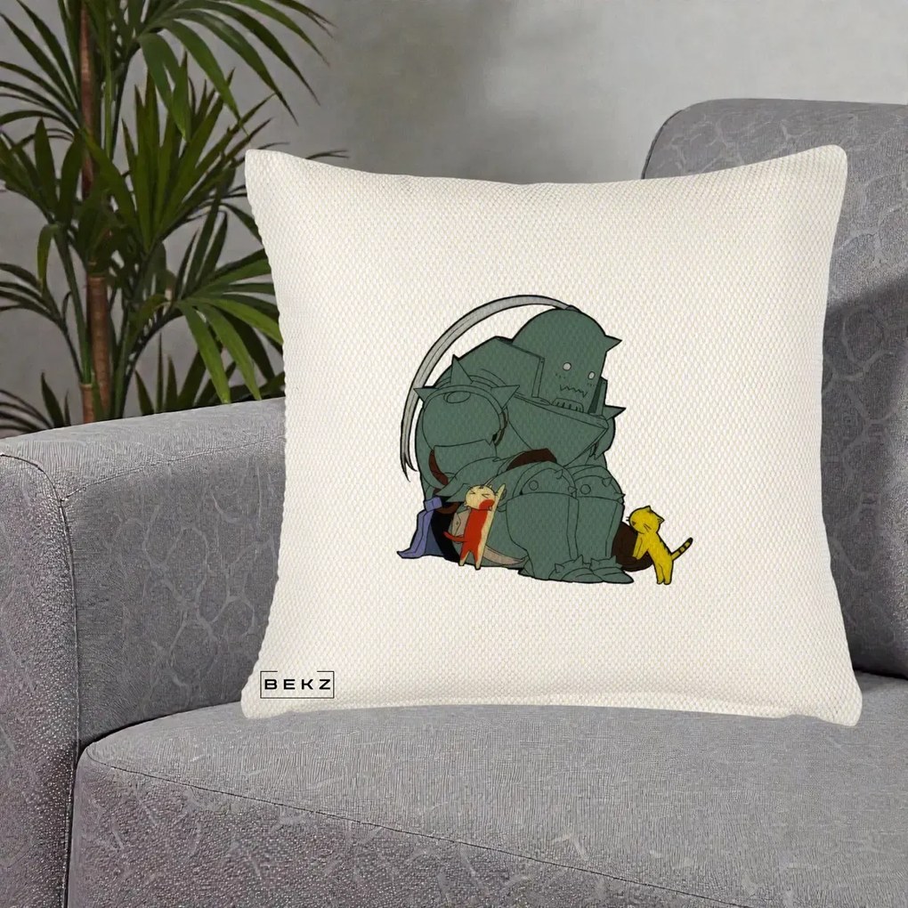 Perna Personalizata Fullmetal Alchemist Alphonse cu Pisici, 40x40 cm, Crem Reliefat, Husa Detasabila, Perna Inclusa, BEKZ®