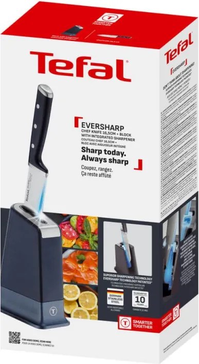 Cuțit de bucătărie Tefal K297S244, 20 cm, oțel inoxidabil, suport cu ascuțitor încorporat, protecție pentru degete, negru