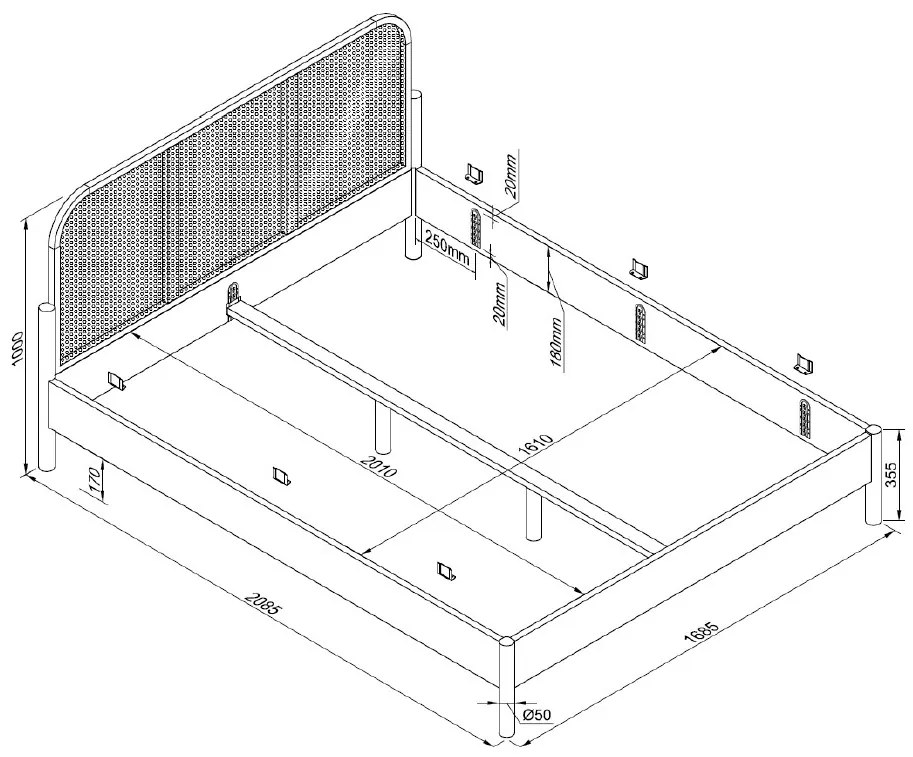 Pat pentru adolescenți OLIVE, 160 x 200 cm, cu tăblie rotunjită din rattan și finisaj lemn de stejar, design modern, fără somieră inclusă – Vipack