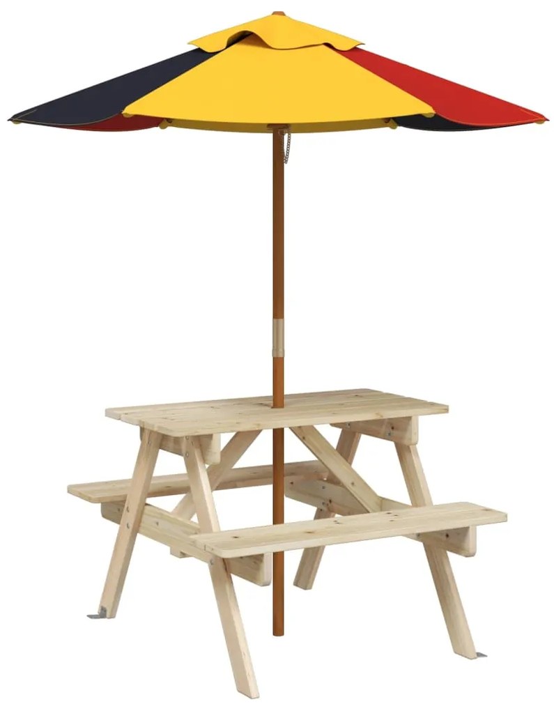 3281613 vidaXL Masă de picnic pentru 4 copii, cu umbrelă, lemn masiv brad