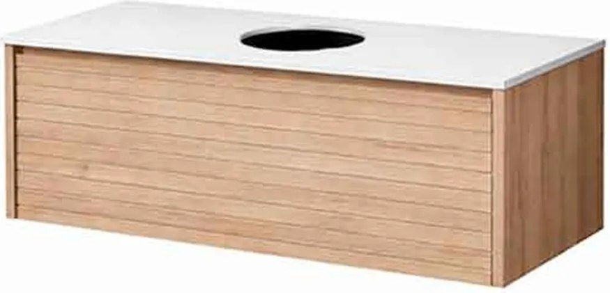 Set dulap baza suspendat KolpaSan Orphia canelat 1 sertar 80 cm finisaj acacia cu blat Kerrock