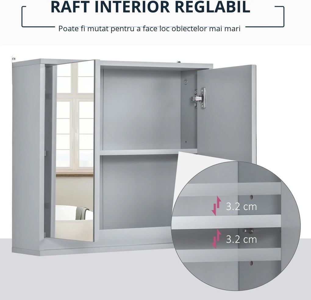 Dulapior de Baie de Perete cu Usa Dubla din Sticla cu Raft Reglabil, Gri,48x14.5x45cm HOMCOM | Aosom Romania
