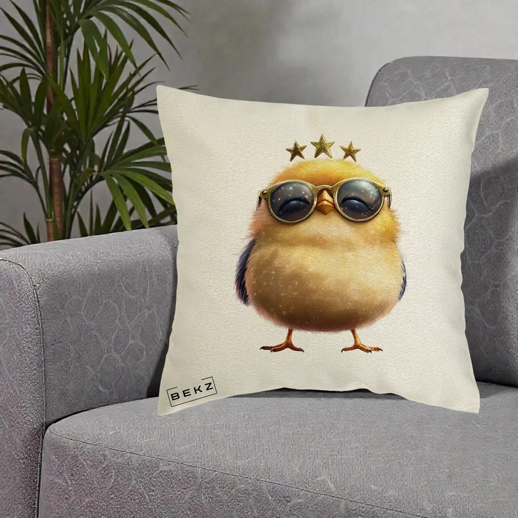Perna Decorativa Pui Gold Star cu Ochelari Aurii, 40x40 cm, Ecru, Husa Detasabila, Perna Inclusa, BEKZ®