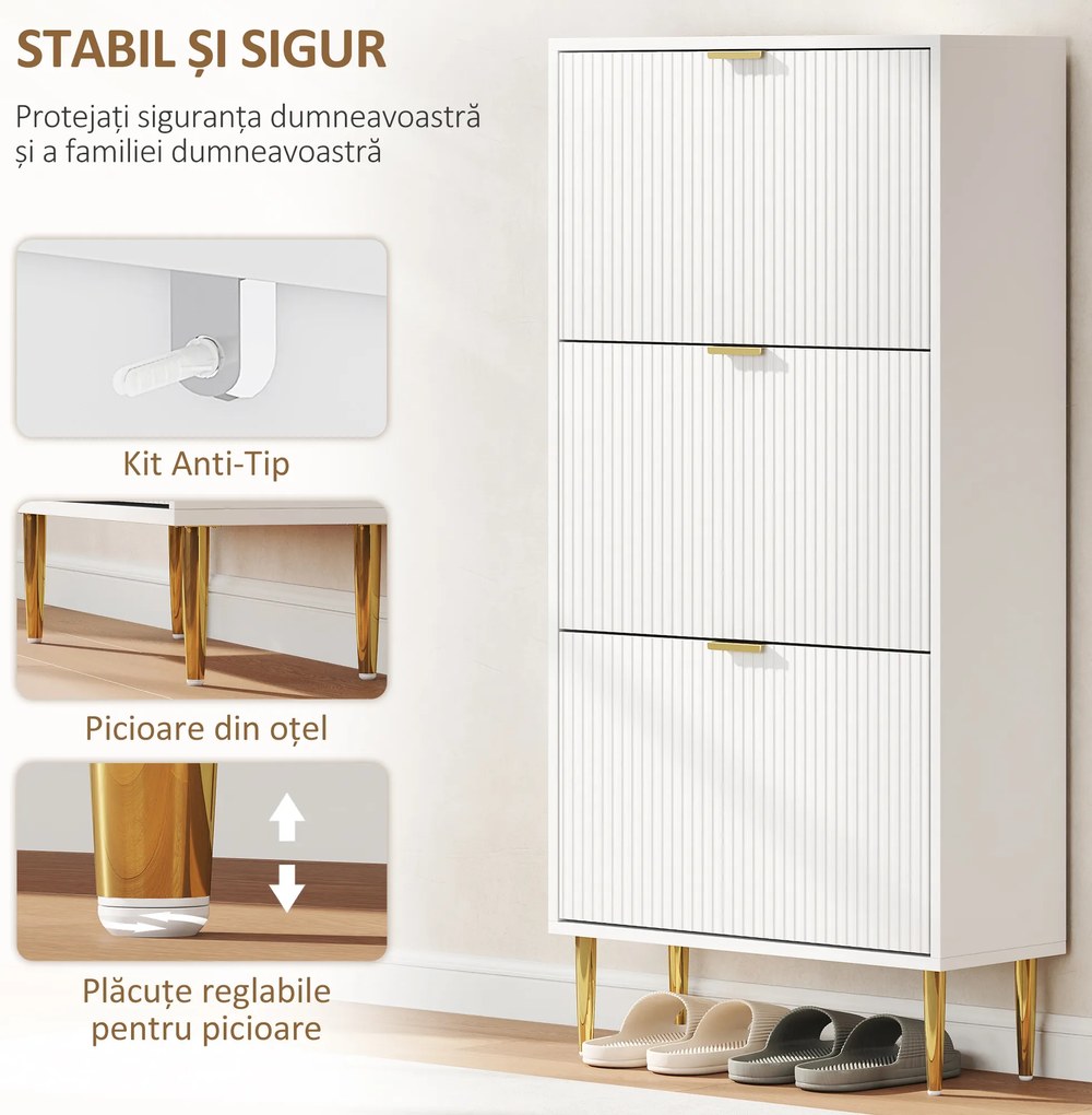 HOMCOM Dulap de pantofi pentru 18 perechi de pantofi cu 3 sertare rabatabile Alb | Aosom Romania