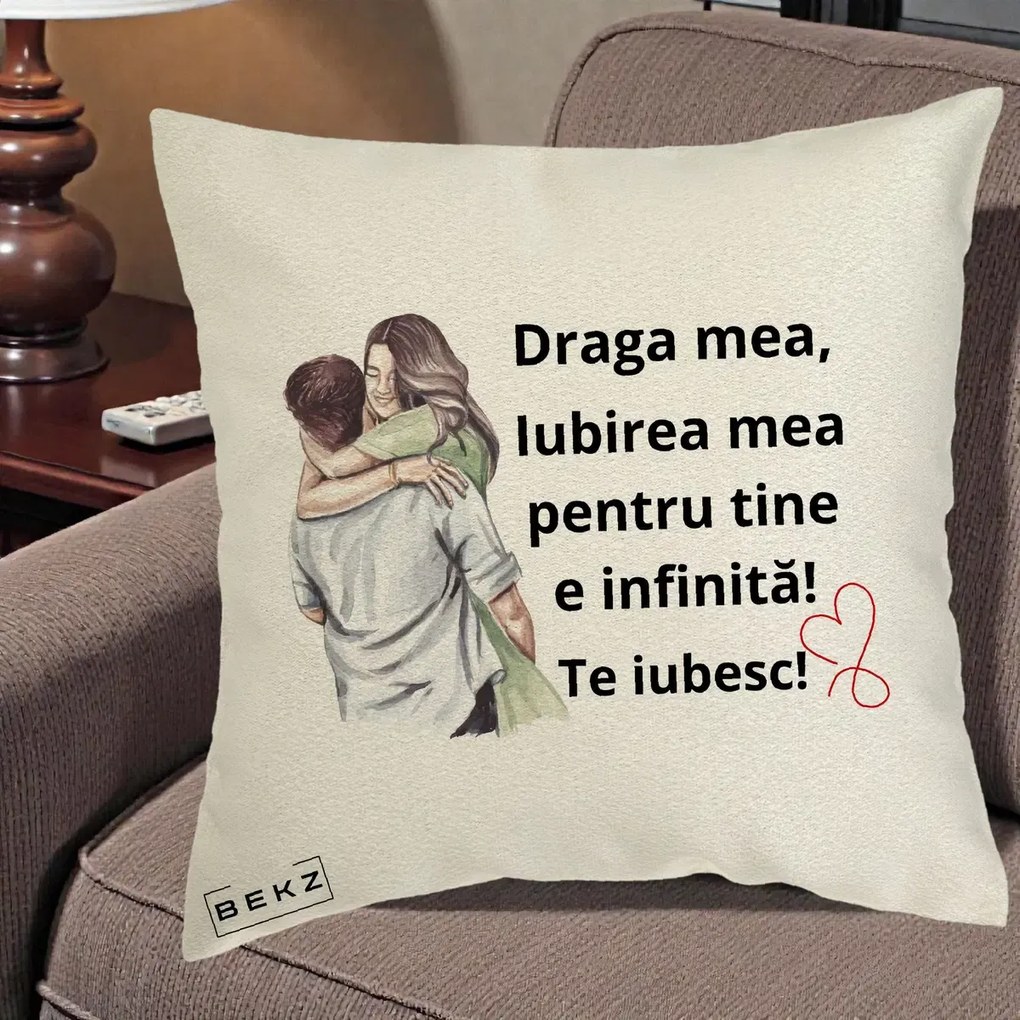 Cadou pentru Iubita - Perna Personalizata Draga Mea Iubirea Mea Infinita Te Iubesc cu Cuplu Acuarela, 40x40 cm, Ecru, Husa Detasabila, Perna Inclusa, BEKZ®