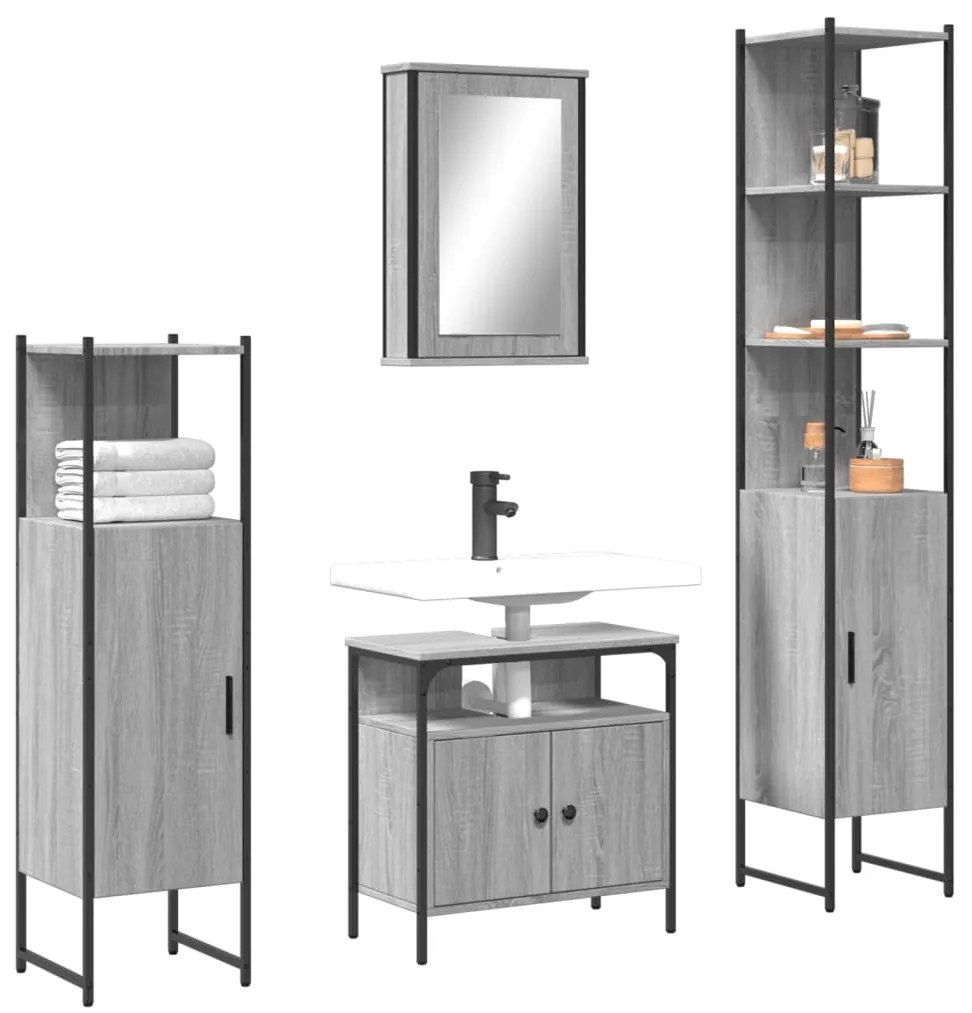 vidaXL Set mobilier de baie, 4 piese, gri sonoma, lemn prelucrat