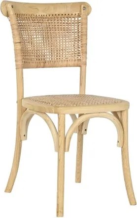 Scaun dining stivuibil din lemn de ulm, natur, spătar și șezut din ratan împletit și picioare curbate, finisaj natural, 87 x 45 x 48 cm, „Nantes”