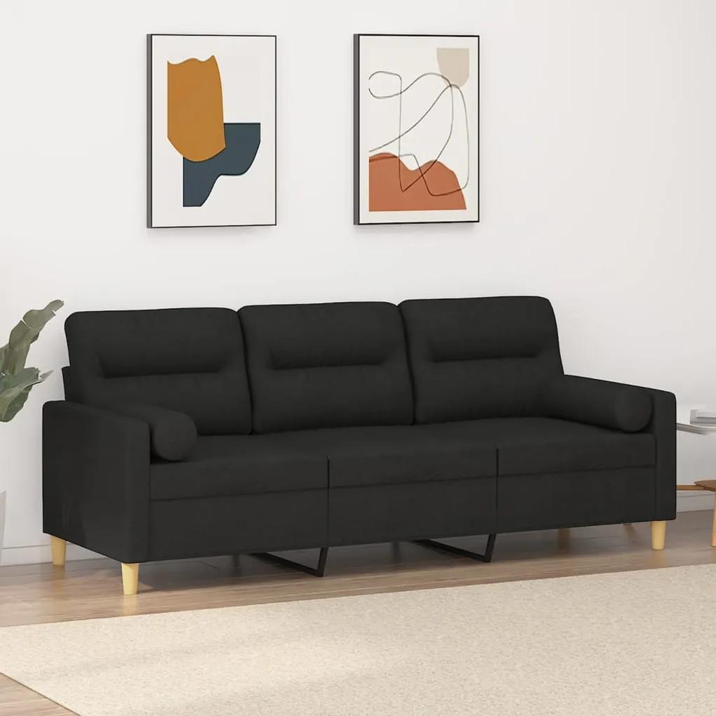 Canapea cu 3 locuri cu pernute, negru, 180 cm, textil