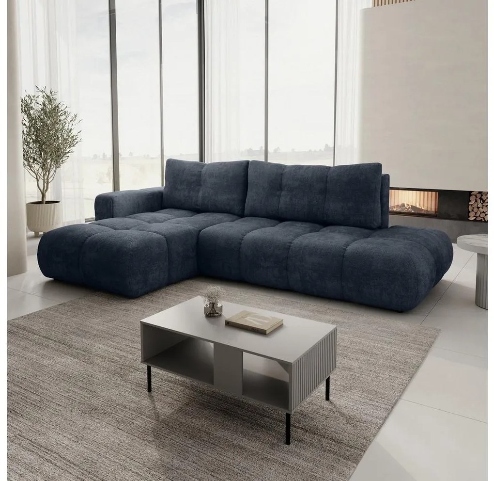 Colțar extensibil ALMADA, tapițat, cu spațiu de depozitare, formă L, varianta stânga, albastru