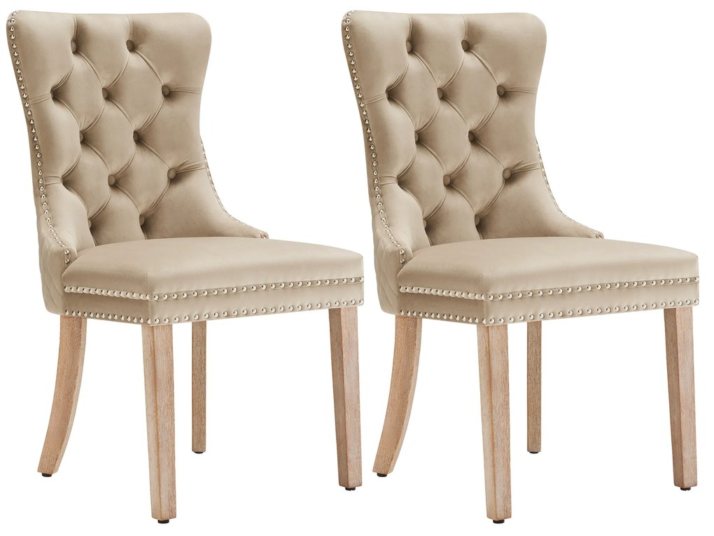 Set de 2 scaune tapițate pentru sufragerie din catifea, design cu cusături și nasturi, 50x46x91 cm, maro deschis