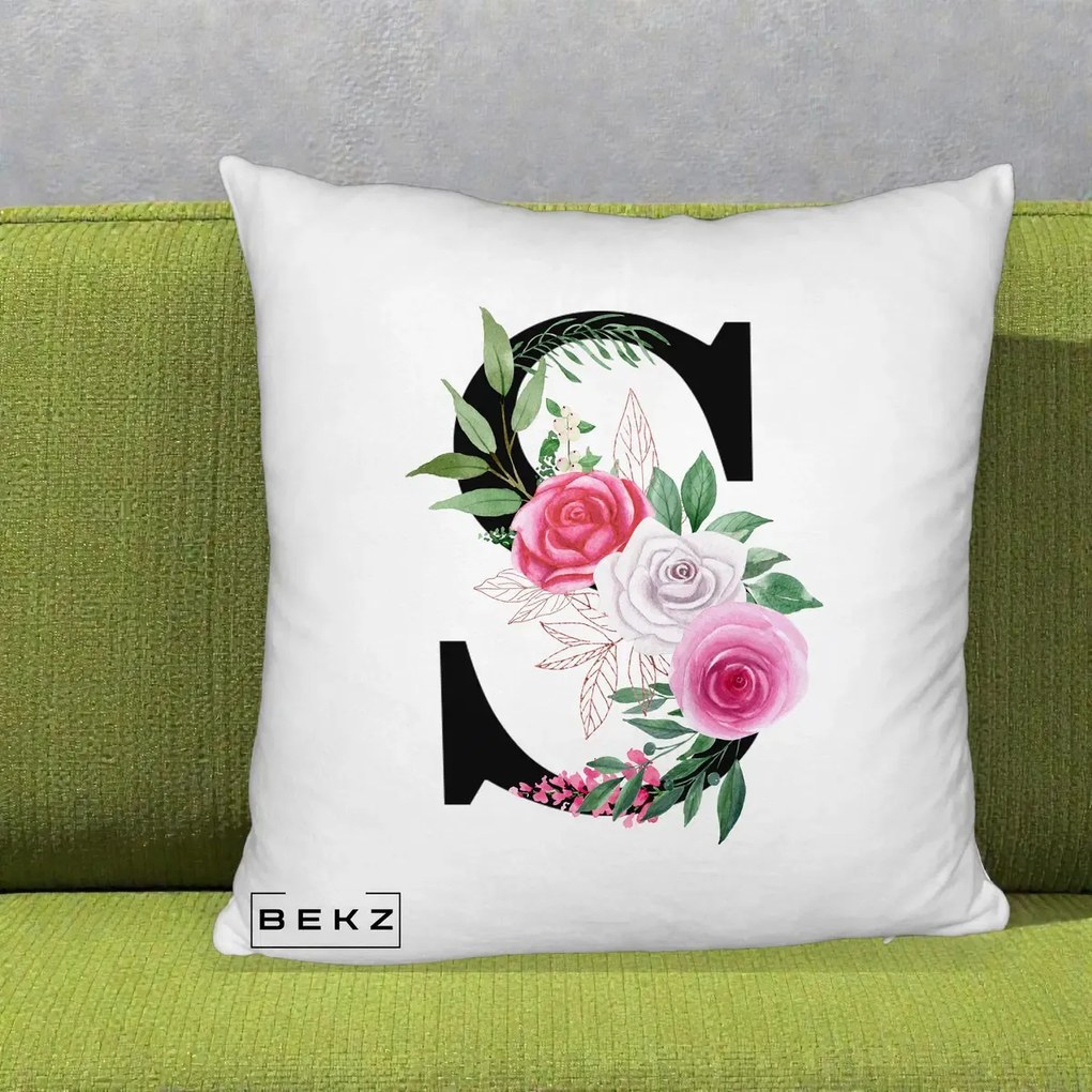 Cadou Personalizat - Perna Personalizata Monograma Florala Litera S, 40x40 cm, Alb Pufos, Husa Detasabila, Perna Inclusa, BEKZ®