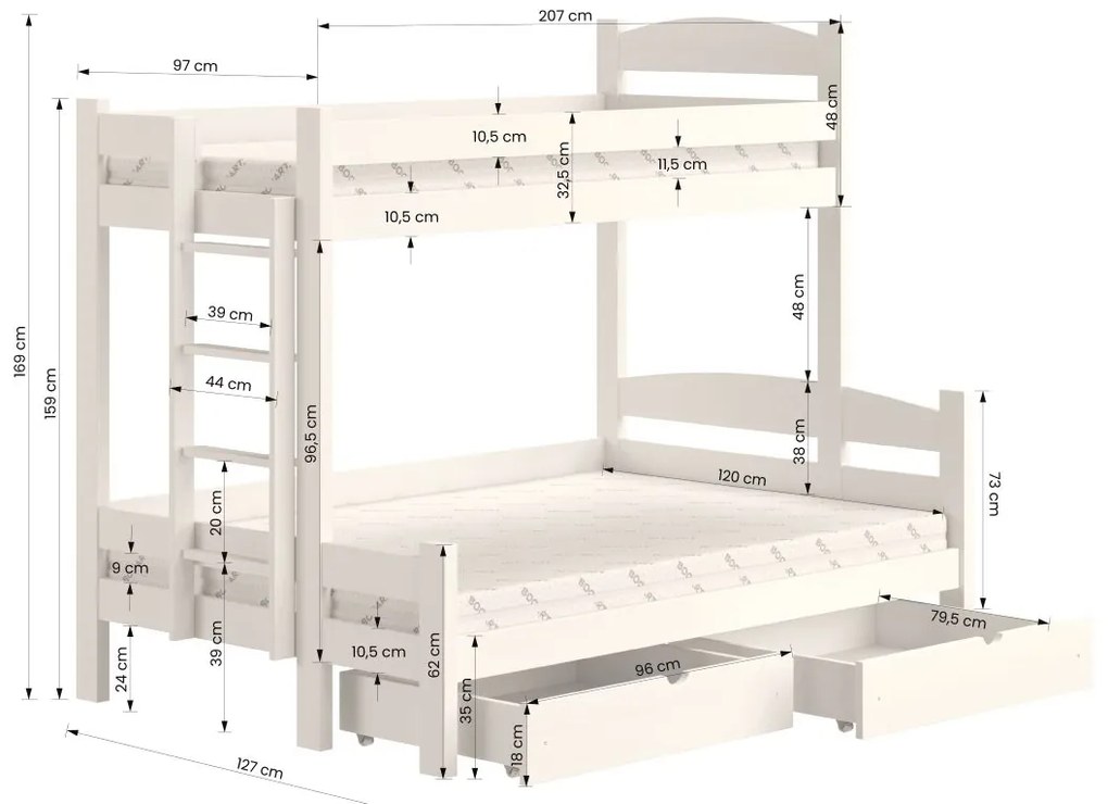 Pat supraetajat cu sertare Lovic - pin, 90x200/120x200, Pagină stânga