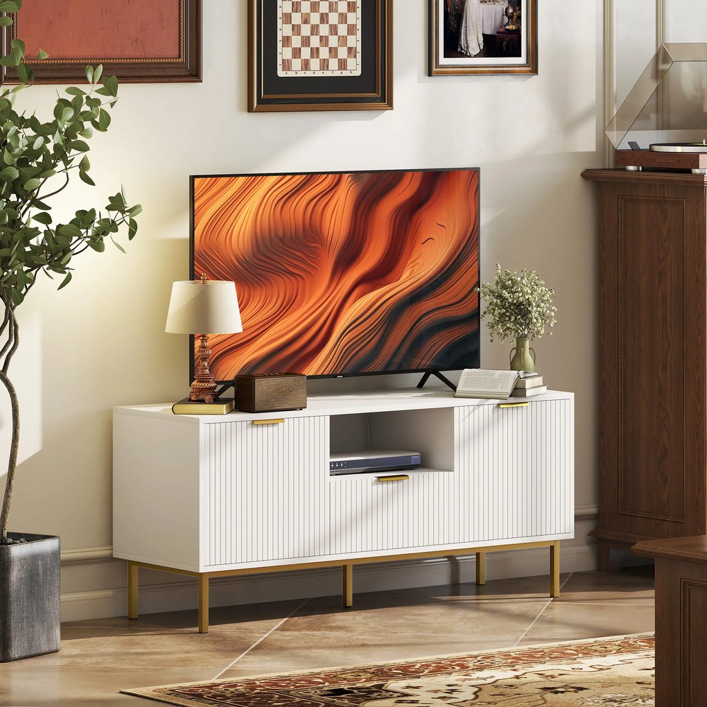 HOMCOM Comodă TV, mobilier TV pentru 127 cm cu 2 uși cu închidere silențioasă, sertar și compartiment deschis, 120x39x54cm, alb | Aosom Romania