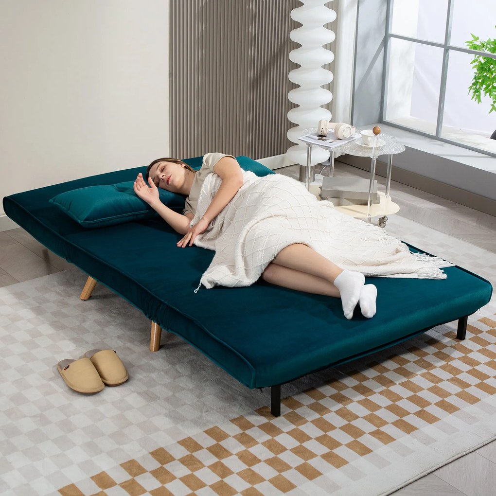 HOMCOM Canapea extensibila pentru 2 persoane, canapea pat, spatiu pentru dormit, spatar reglabil, husa din material textil, structura metalica, Verde | Aosom Romania
