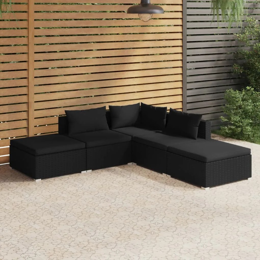 3101608 vidaXL Set mobilier de grădină cu perne, 5 piese, negru, poliratan