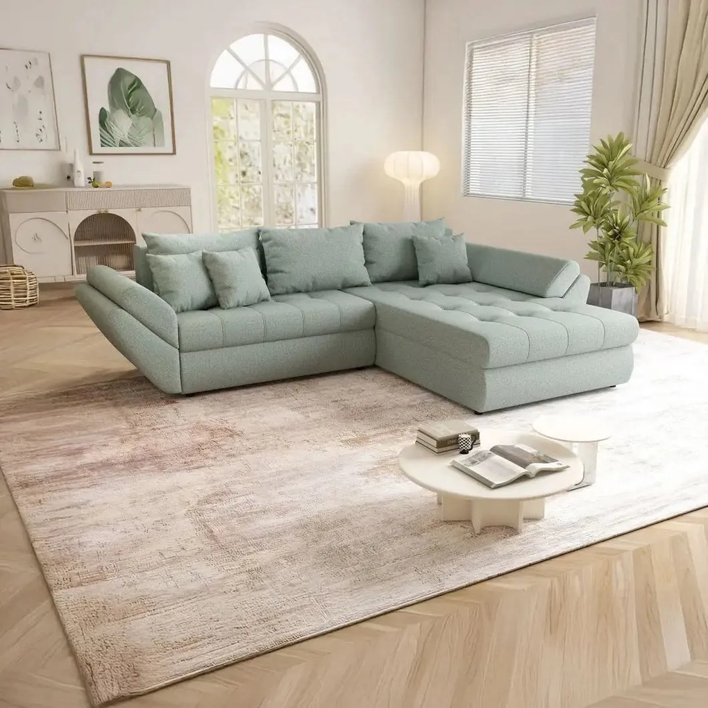 Colțar extensibil dumonde cu ladă de depozitare si sezut confortabil din spuma high-density, Loana Enjoy Mint II 270x185 cm