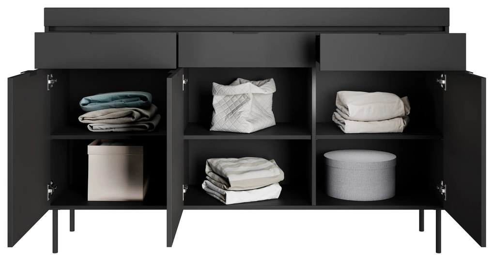 Comodă Sentia 157 cm cu trei uși și trei sertare - negru / negru