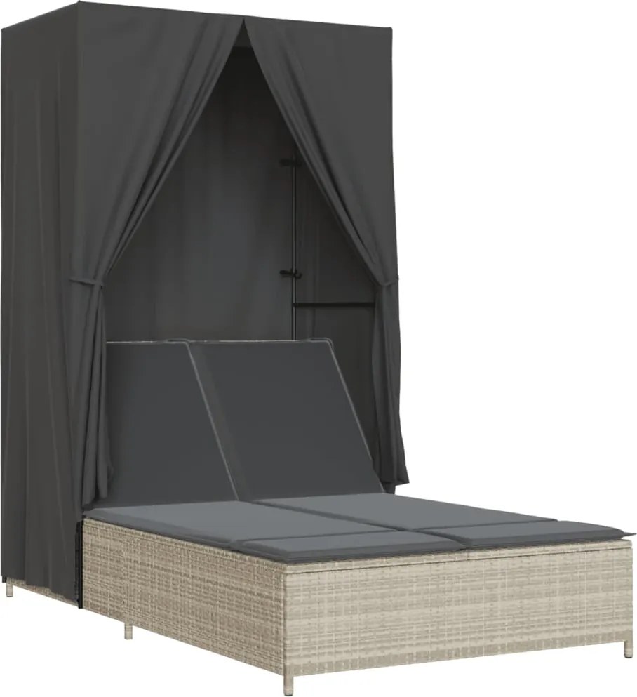 vidaXL Șezlong plajă dublu cu acoperiș perdele, gri deschis, poliratan