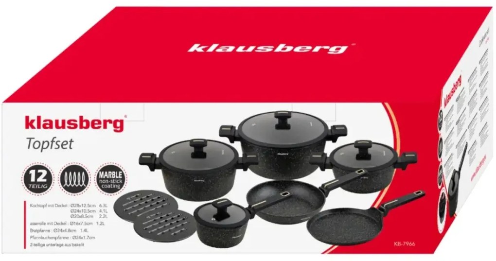 Set oale marmorate cu tigaie clatite si capace 12 piese Klausberg KB-7966, negre