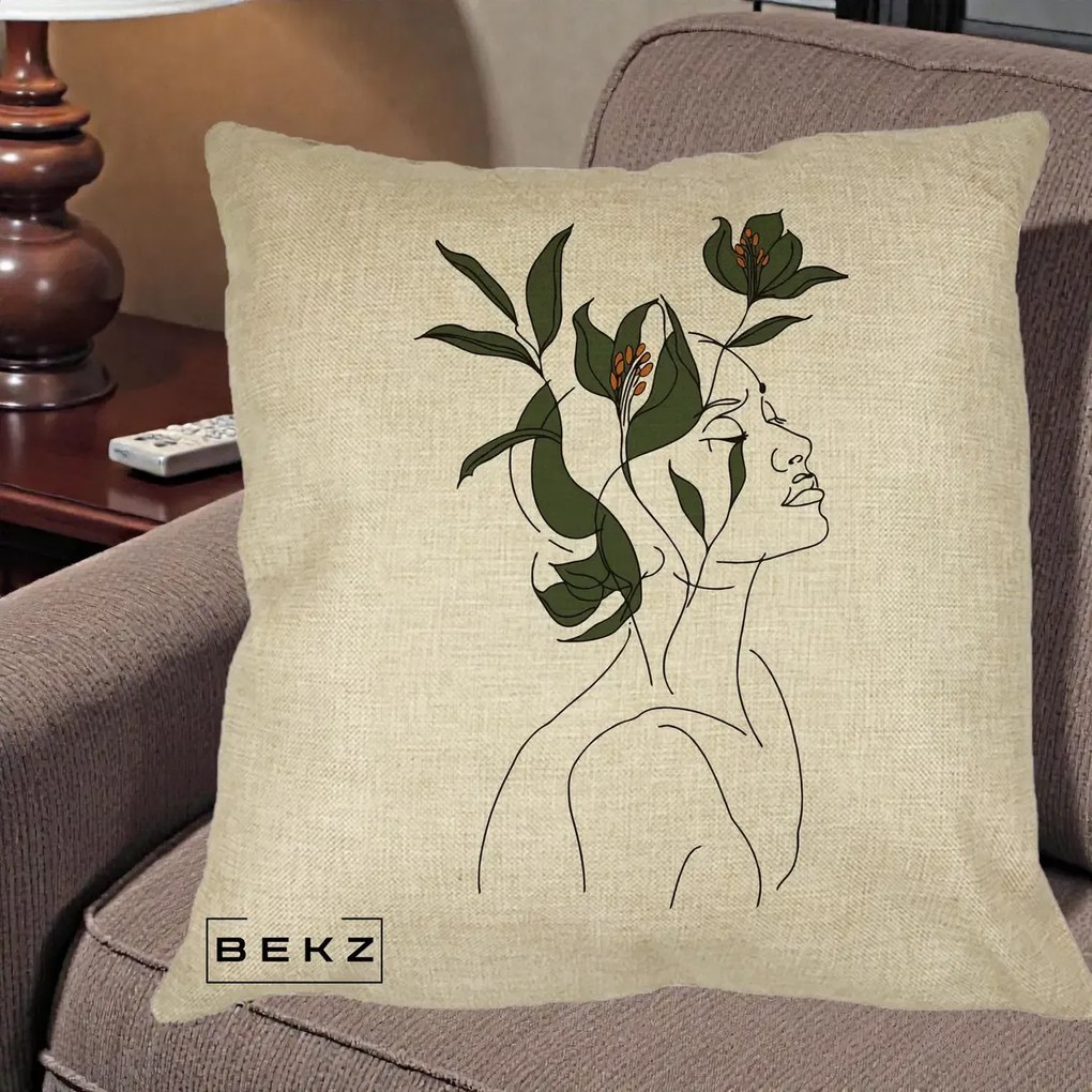 Perna Decorativa Portret Feminin Crin Verde, 40x40 cm, Crem, Husa Detasabila, Perna Inclusa, BEKZ®