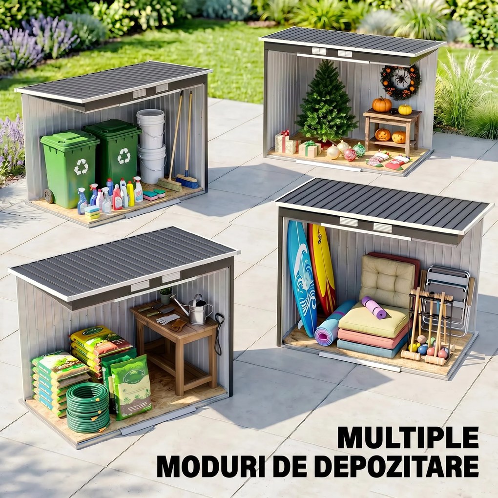 Outsunny Adăpost de Grădină Metalic în Alipire cu Kit de Fundație, Ușă Dublă, Ventilații și Acoperiș Înclinat, Gri | Aosom Romania