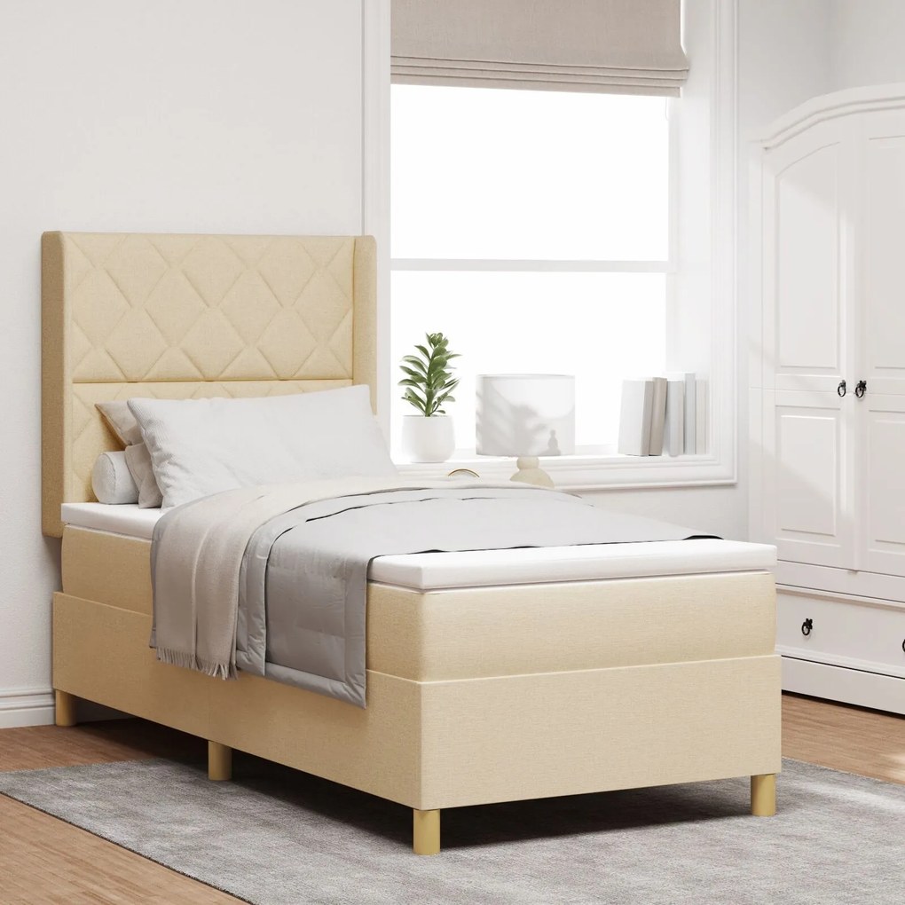 vidaXL Pat box spring cu saltea &amp; LED, crem, 90x200 cm, textil