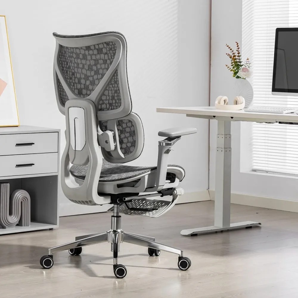 ErgoPro X866 Scaun ergonomic, Sezut Translatie, cotiere 6D, Tetiera 3D, Spătar reglabil pe 5 trepte, Suport lombar 3-Zone, Suport picioare, Baza Metalica, Full Mesh, Gri