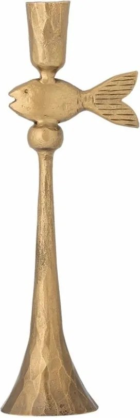 Sfeșnic din metal, alamă, model pește în centru, bază conică bătută cu ciocanul, finisaj lăcuit, 28 x 9 cm, „Capet”