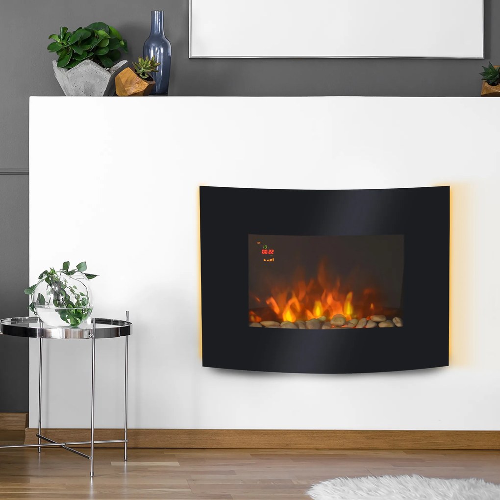HOMCOM Șemineu Electric de Perete 900/1800W Încălzire cu Efect de Flacără 3D Reglabil, Șemineu Electric cu Lumină LED în 7 Culori, Telecomandă, Temporizator și Termostat, 30 m², Negru | Aosom Romania