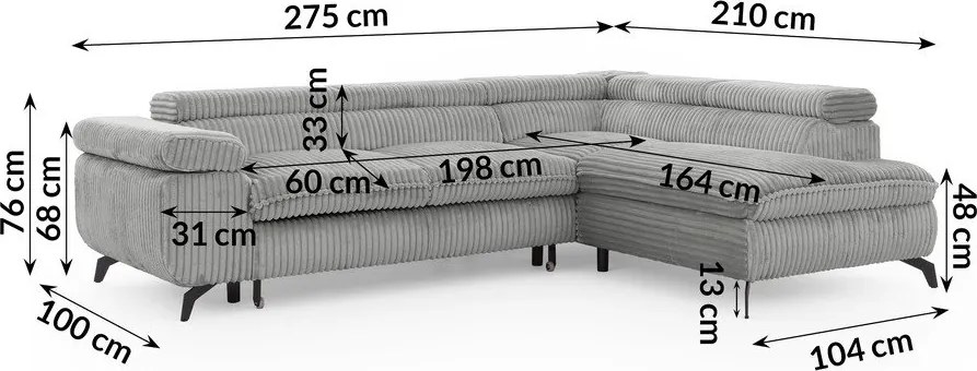 Colțar gri deschis cu tapițerie din catifea reiată (cu colț pe partea dreaptă/în formă de ”L”) Marbeya – Ropez