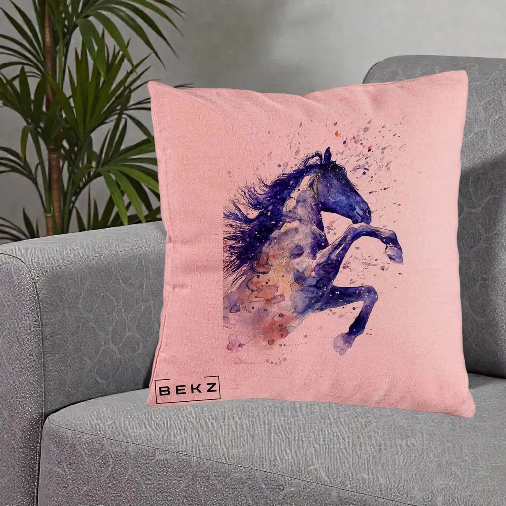 Perna Decorativa Cal Albastru Acuarela, 40x40 cm, Roz, Husa Detasabila, Perna Inclusa, BEKZ®