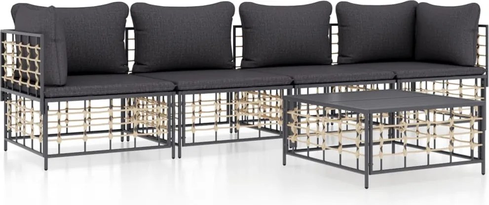 vidaXL Set șezlonguri de grădină 5 piese cu perne, antracit, poliratan