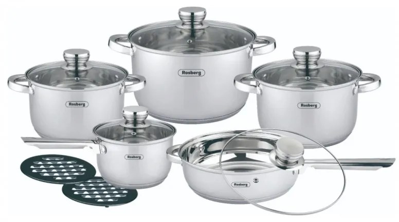 Set oale si tigaie Rosberg R51210L12BM, 12 piese, Fund multistrat, Otel inoxidabil, Argintiu