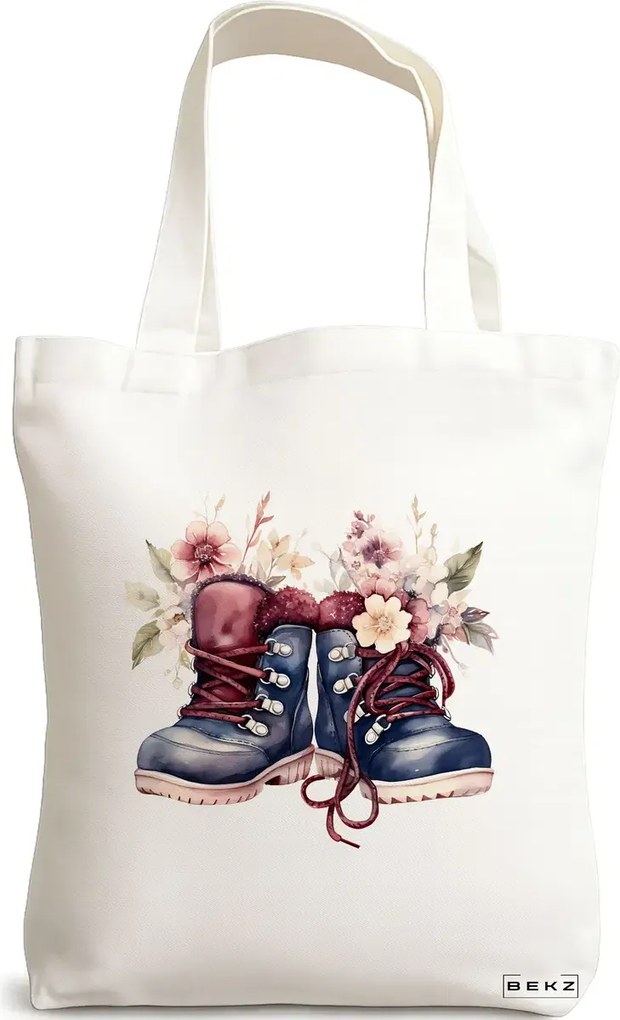 Sacosa de Panza pentru Cumparaturi, Geanta Tote, model Flowers 20 38 x 34.5 cm, Alba, BEKZ®