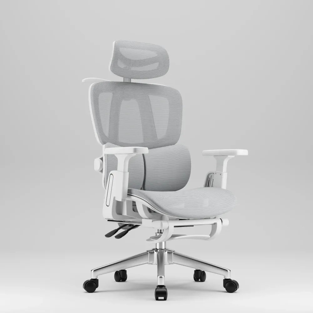 MILANO E06 Executive – Scaun Ergonomic cu Suport Lombar Reglabil în 2 Trepte, Tetieră Reglabilă, Cotiere 3D, Reclinare 135°, Umeraș Integrat, Suport pentru Picioare și Bază Metalică, Mesh, Gri