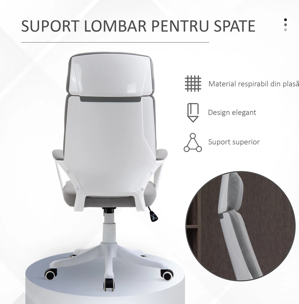 Scaun de Birou Pivotant cu Tetiera, Inaltime Reglabila, Functie de Balansoar, ridicare pneumatica 63x65x113-123cm, Gri Deschis Vinsetto | Aosom RO