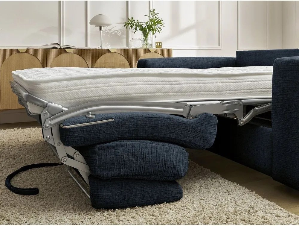 Canapea albastru-închis pentru dormitul zilnic/extensibilă cu tapițerie din chenille 240 cm Hugo – Bobochic Paris