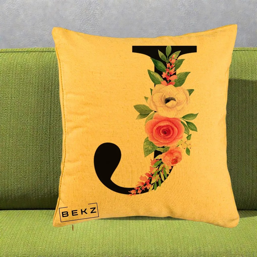 Cadou Personalizat - Perna Personalizata Monograma Florala Litera J, 40x40 cm, Galben, Husa Detasabila, Perna Inclusa, BEKZ®