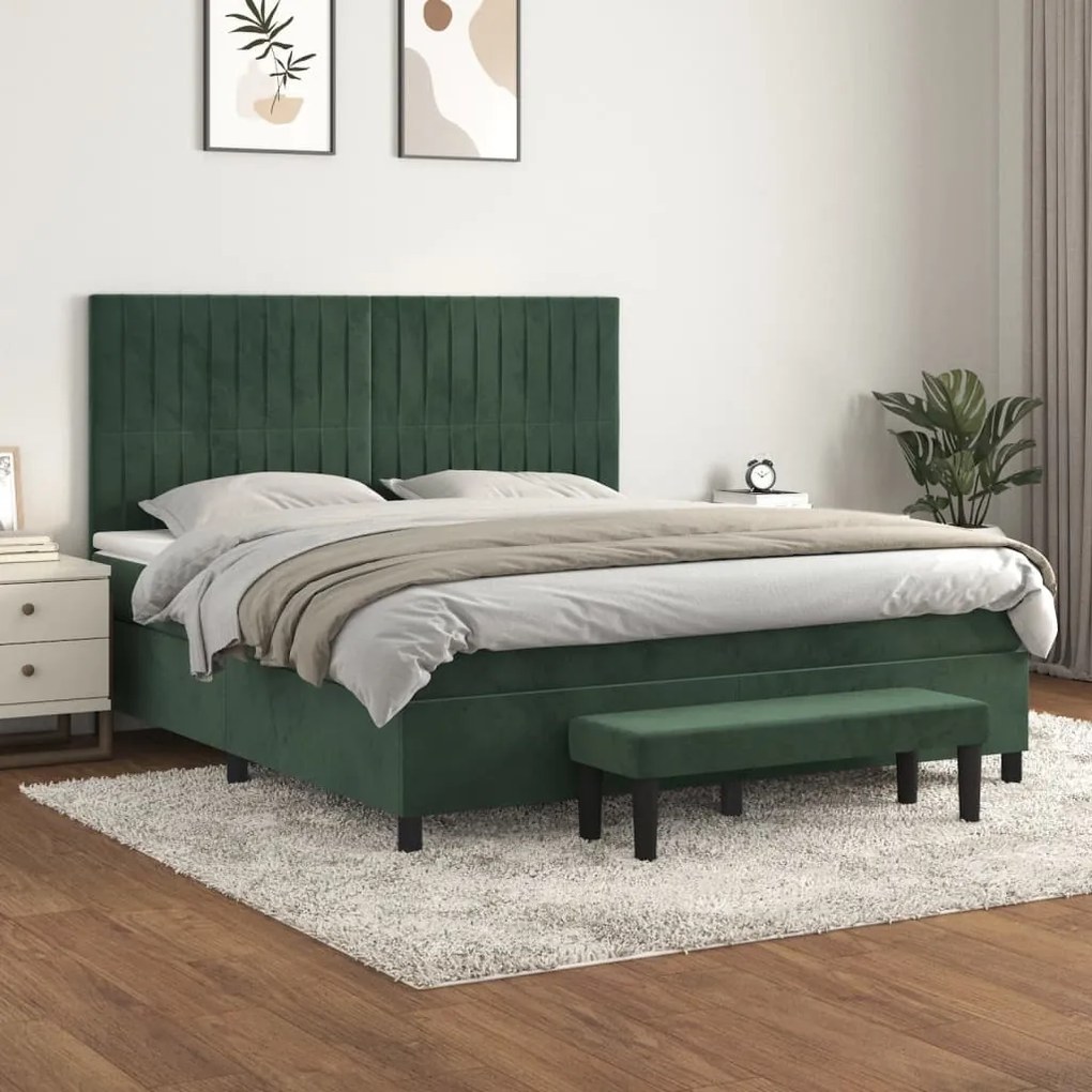 3137974 vidaXL Pat box spring cu saltea, verde închis, 160x200 cm, catifea