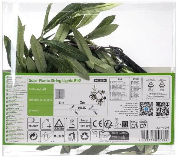 Instalație LED solară Aigostar 60xLED/4m IP65 alb cald măslin