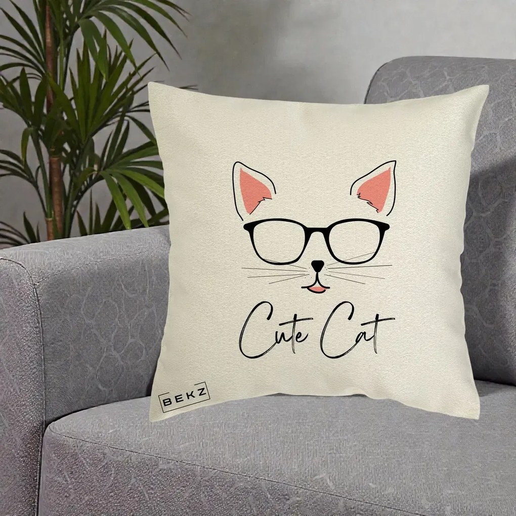 Perna Personalizata Cute Cat cu Ochelari, 40x40 cm, Ecru, Husa Detasabila, Perna Inclusa, BEKZ®